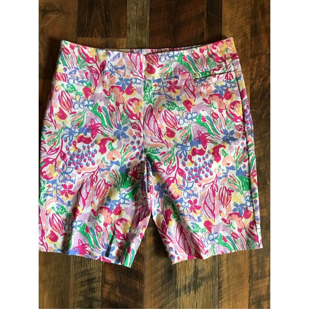 Kim Rogers pink green floral pull on Shorts SZ 16 petite Bermuda walking shorts